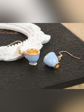 Gold-Trim Baby Blue Teacup Drop Earrings - Women Jewelry